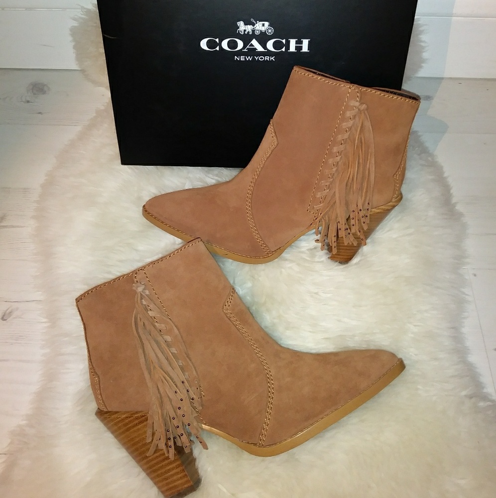 New COACH Fringe Suede Leather Bootie Ankle Boot Tan